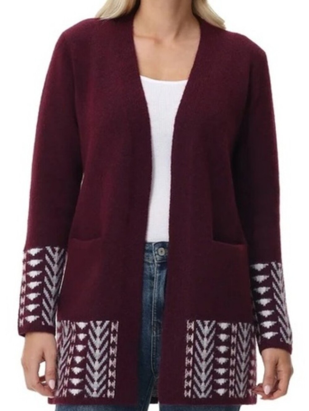 FRYE Open-Front Burgundy Cardigan with Patterned Cuffs and Hem